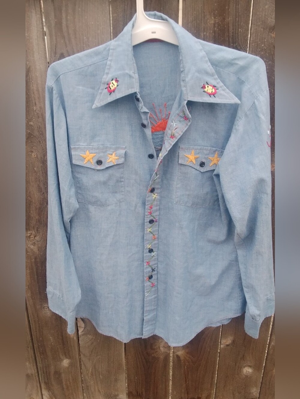 Vintage 70s Denim Shirt Embroidered Boho Hippie L XL Blue Long Sleeve
